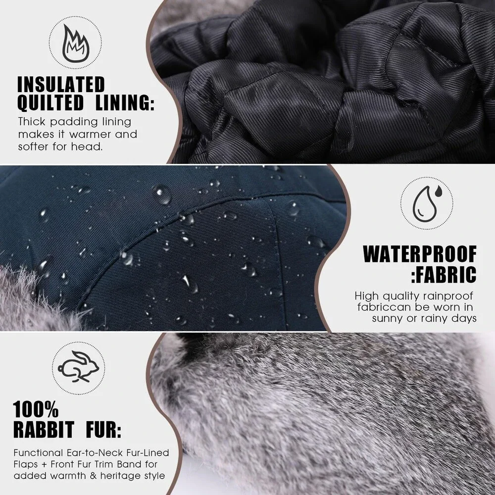Comhats 100% Rabbit Fur Winter Trapper Ushanka Hat Waterproof (US, Alpha,